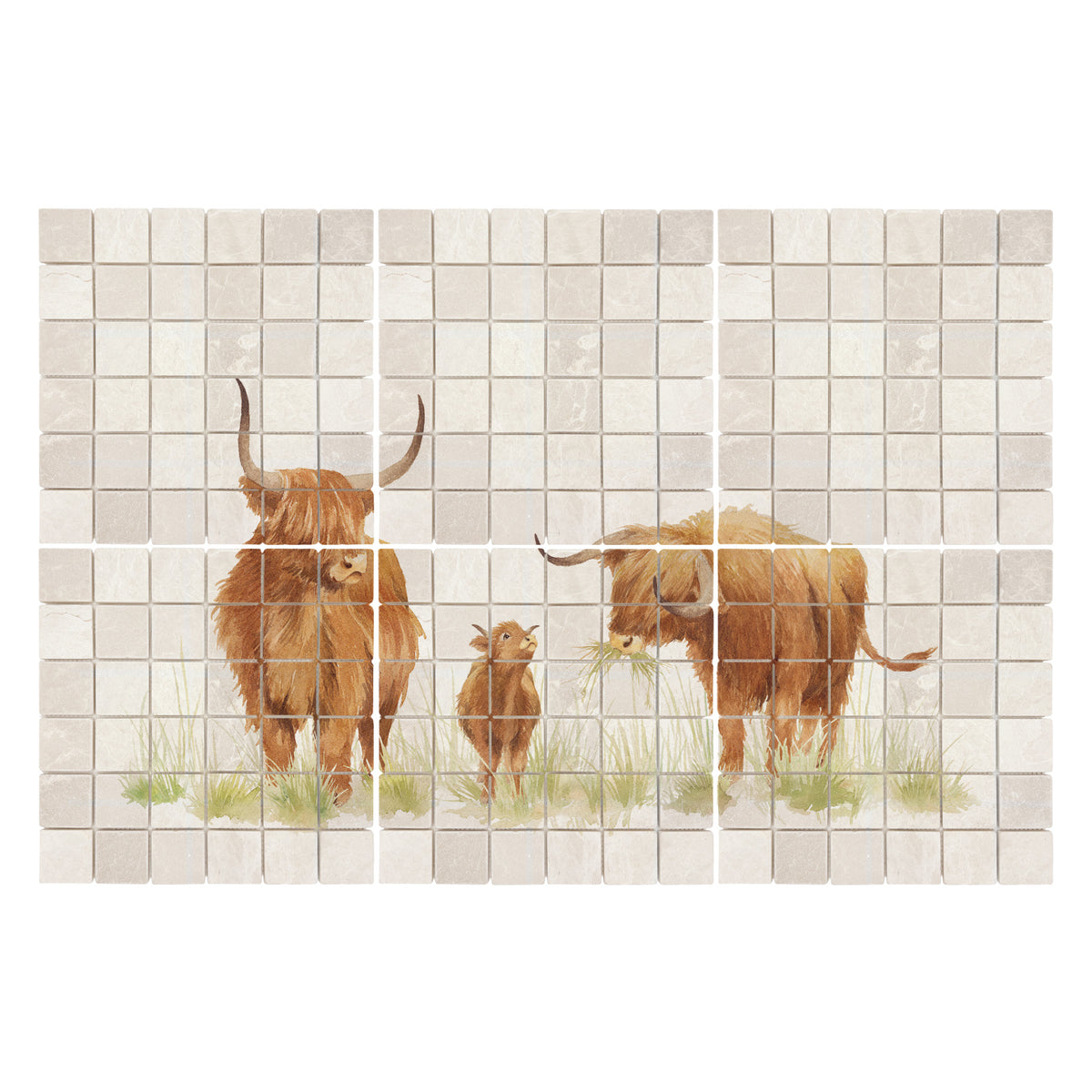 Premium marble Highland Cow mural featuring a tranquil countryside scene inspired by great British countryside.