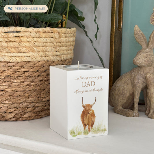 wooden cuboid luxury tealight holder with gorgeous personalised options . Each product is lovingly designed, handmade with our Countryside inspired watercolour designs. This design features a beautiful Highland Cow , unique designs for a truly one off special occasion for a loved one. 