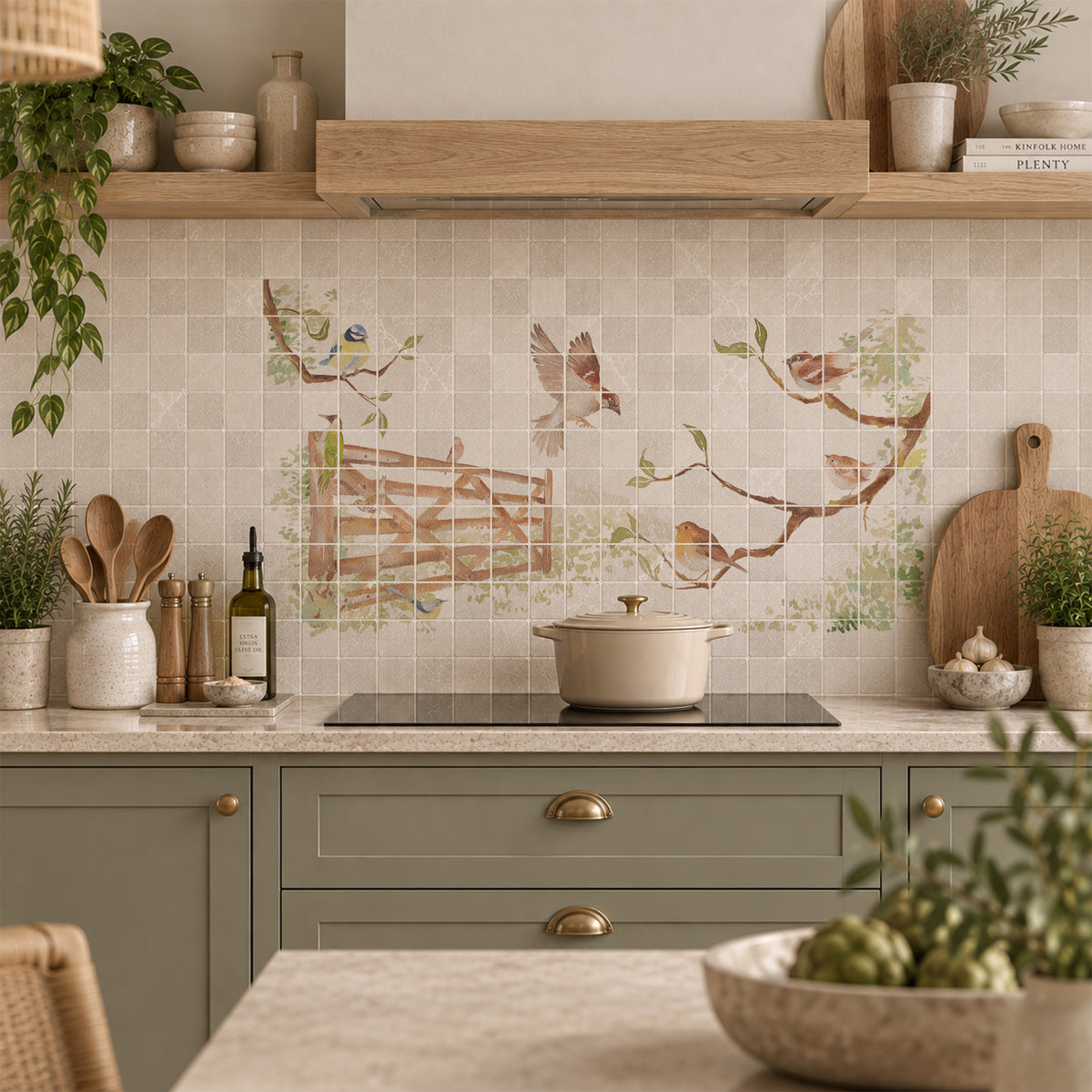 A decorative kitchen backsplash tile featuring a watercolour vintage-style illustration of birds perched on branches and a wooden fence, installed on a light grey tiled wall above a black stovetop in a styled kitchen setting.
