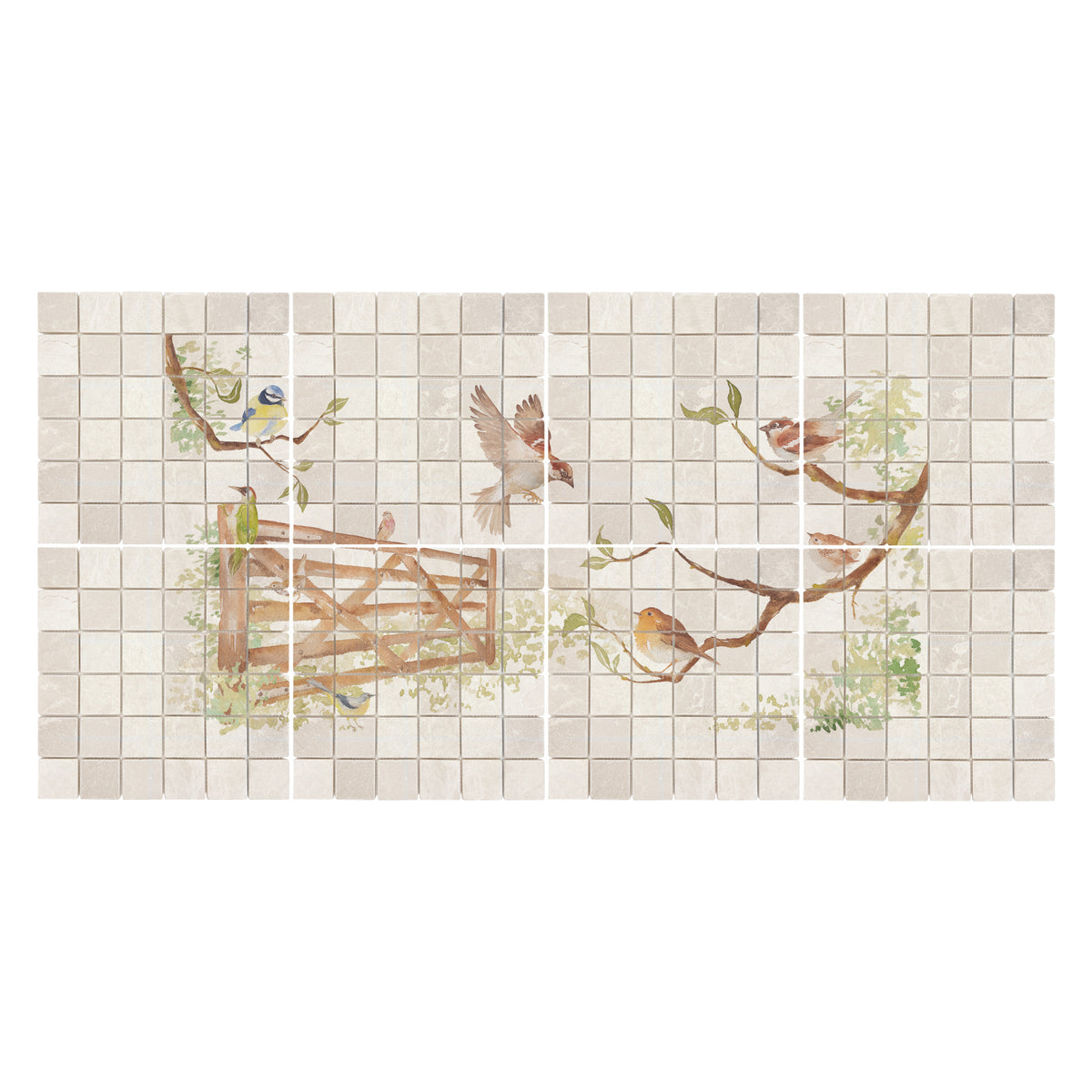 A decorative kitchen backsplash tile featuring a watercolour vintage-style illustration of birds perched on branches and a wooden fence, installed on a light grey tiled wall above a black stovetop in a styled kitchen setting.