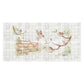 A decorative kitchen backsplash tile featuring a watercolour vintage-style illustration of birds perched on branches and a wooden fence, installed on a light grey tiled wall above a black stovetop in a styled kitchen setting.
