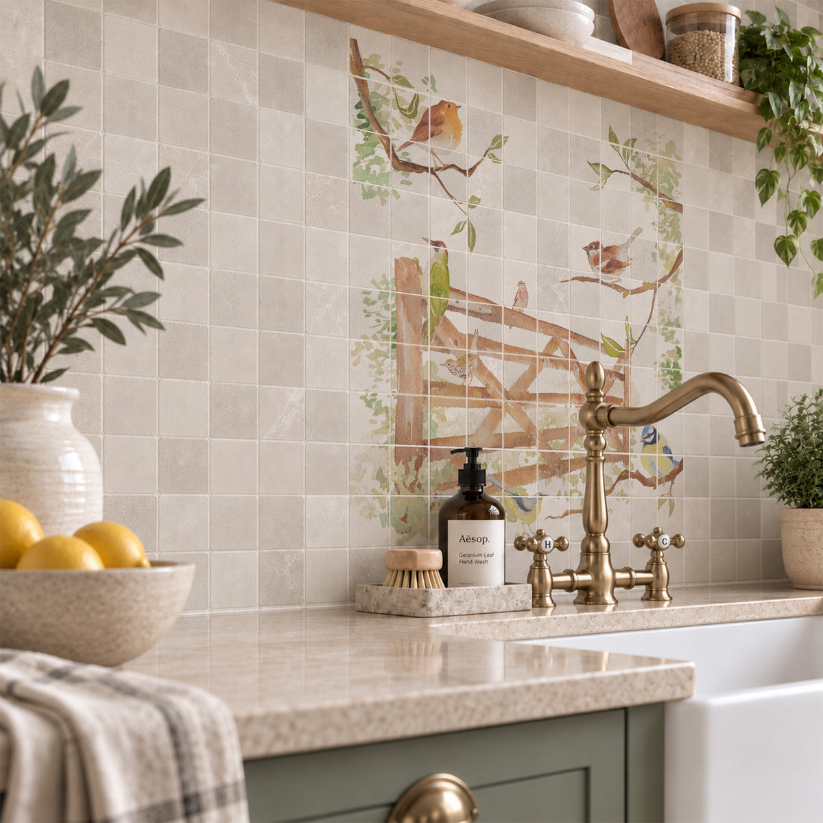 A decorative kitchen backsplash tile featuring a watercolour vintage-style illustration of birds perched on branches and a wooden fence, installed on a light grey tiled wall above a black stovetop in a styled kitchen setting.