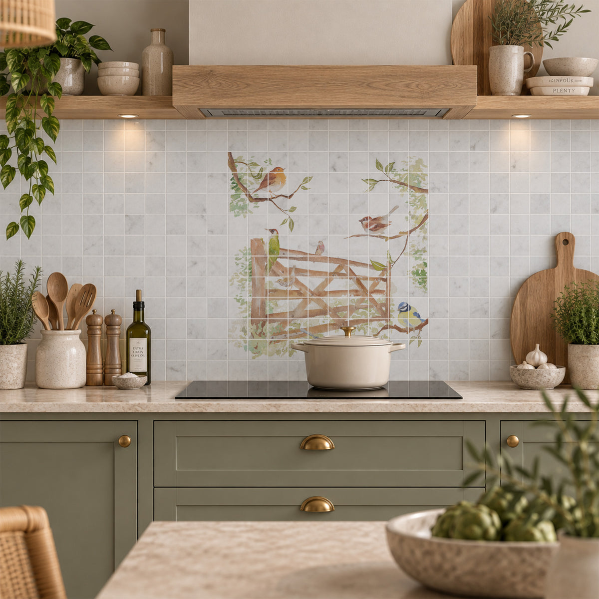 A decorative kitchen backsplash tile featuring a watercolour vintage-style illustration of birds perched on branches and a wooden fence, installed on a light grey tiled wall above a black stovetop in a styled kitchen setting.