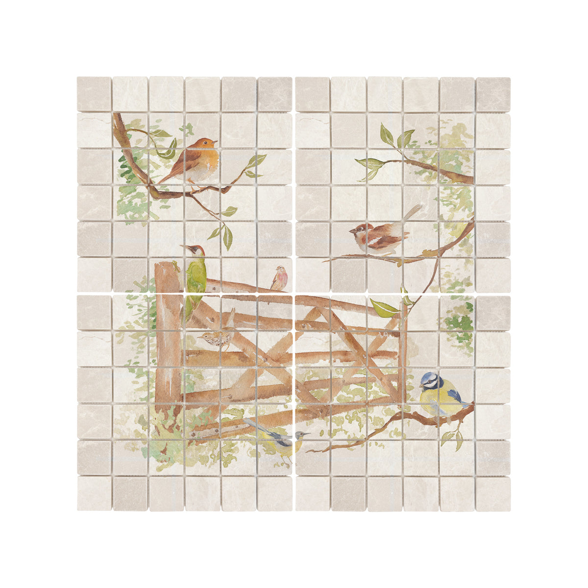 A decorative kitchen backsplash tile featuring a watercolour vintage-style illustration of birds perched on branches and a wooden fence, installed on a light grey tiled wall above a black stovetop in a styled kitchen setting.