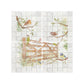 A decorative kitchen backsplash tile featuring a watercolour vintage-style illustration of birds perched on branches and a wooden fence, installed on a light grey tiled wall above a black stovetop in a styled kitchen setting.