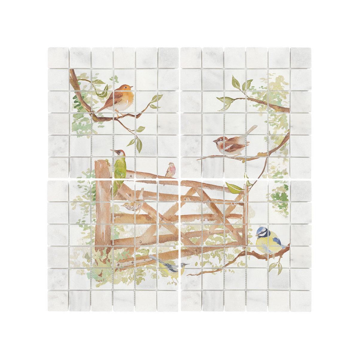 A decorative kitchen backsplash tile featuring a watercolour vintage-style illustration of birds perched on branches and a wooden fence, installed on a light grey tiled wall above a black stovetop in a styled kitchen setting.
