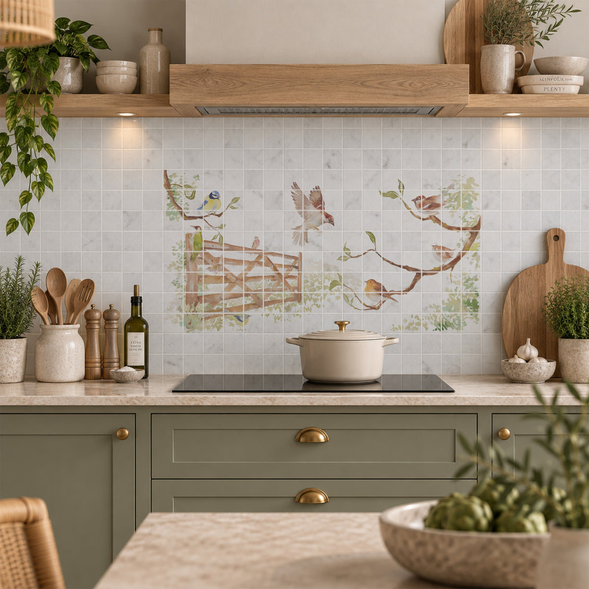 A decorative kitchen backsplash tile featuring a watercolour vintage-style illustration of birds perched on branches and a wooden fence, installed on a light grey tiled wall above a black stovetop in a styled kitchen setting.