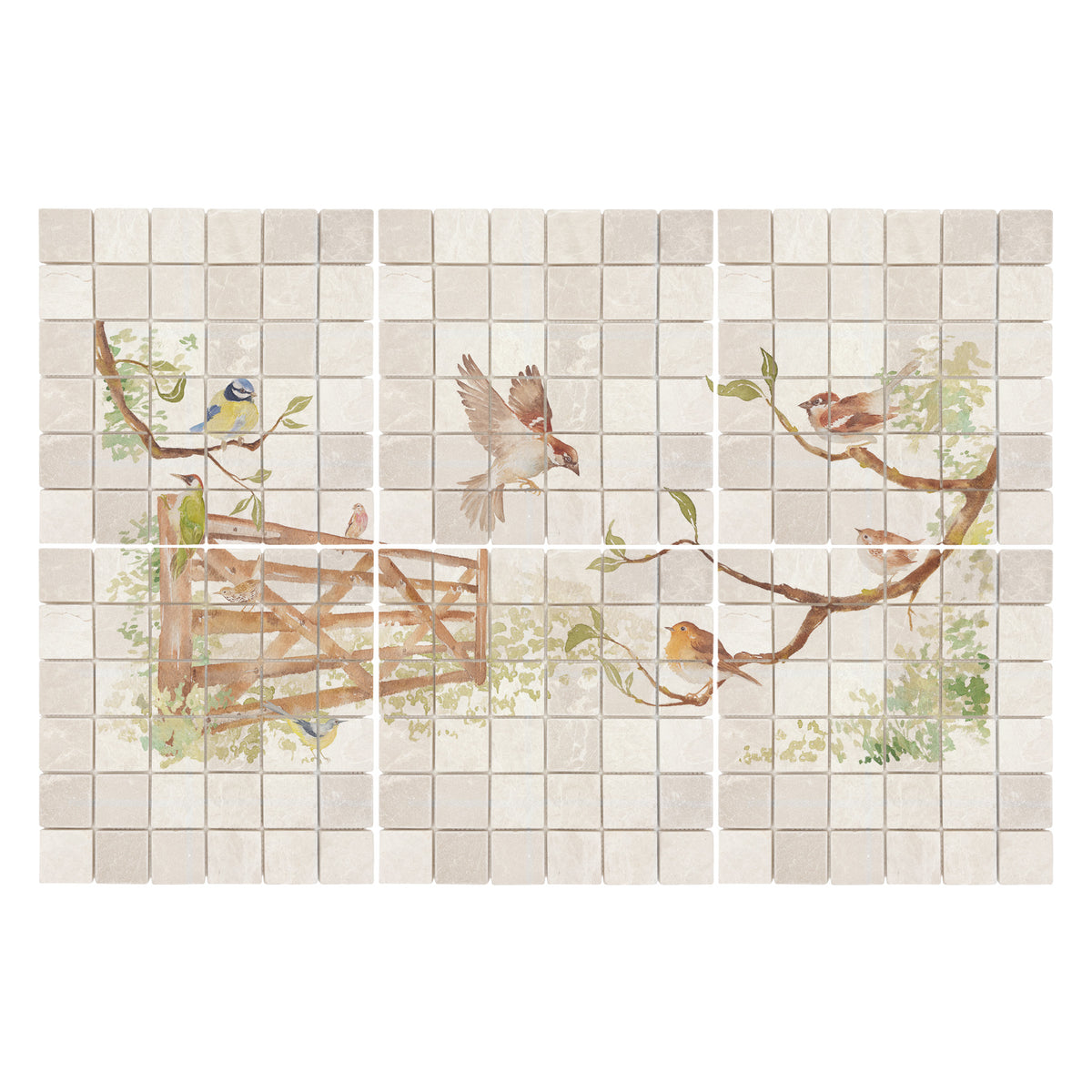 A decorative kitchen backsplash tile featuring a watercolour vintage-style illustration of birds perched on branches and a wooden fence, installed on a light grey tiled wall above a black stovetop in a styled kitchen setting.
