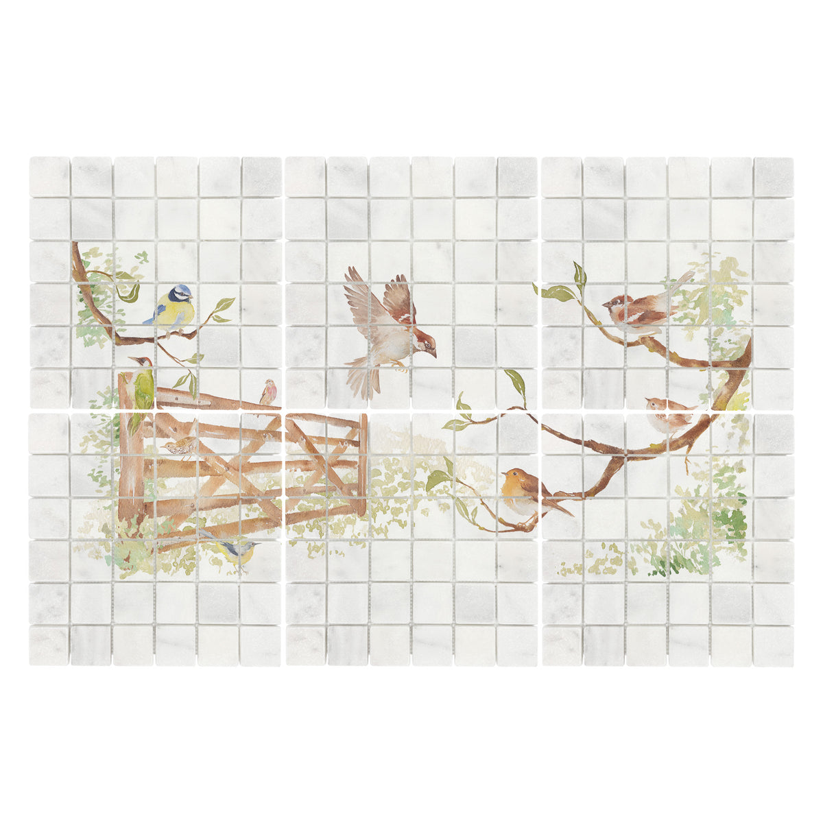 A decorative kitchen backsplash tile featuring a watercolour vintage-style illustration of birds perched on branches and a wooden fence, installed on a light grey tiled wall above a black stovetop in a styled kitchen setting.