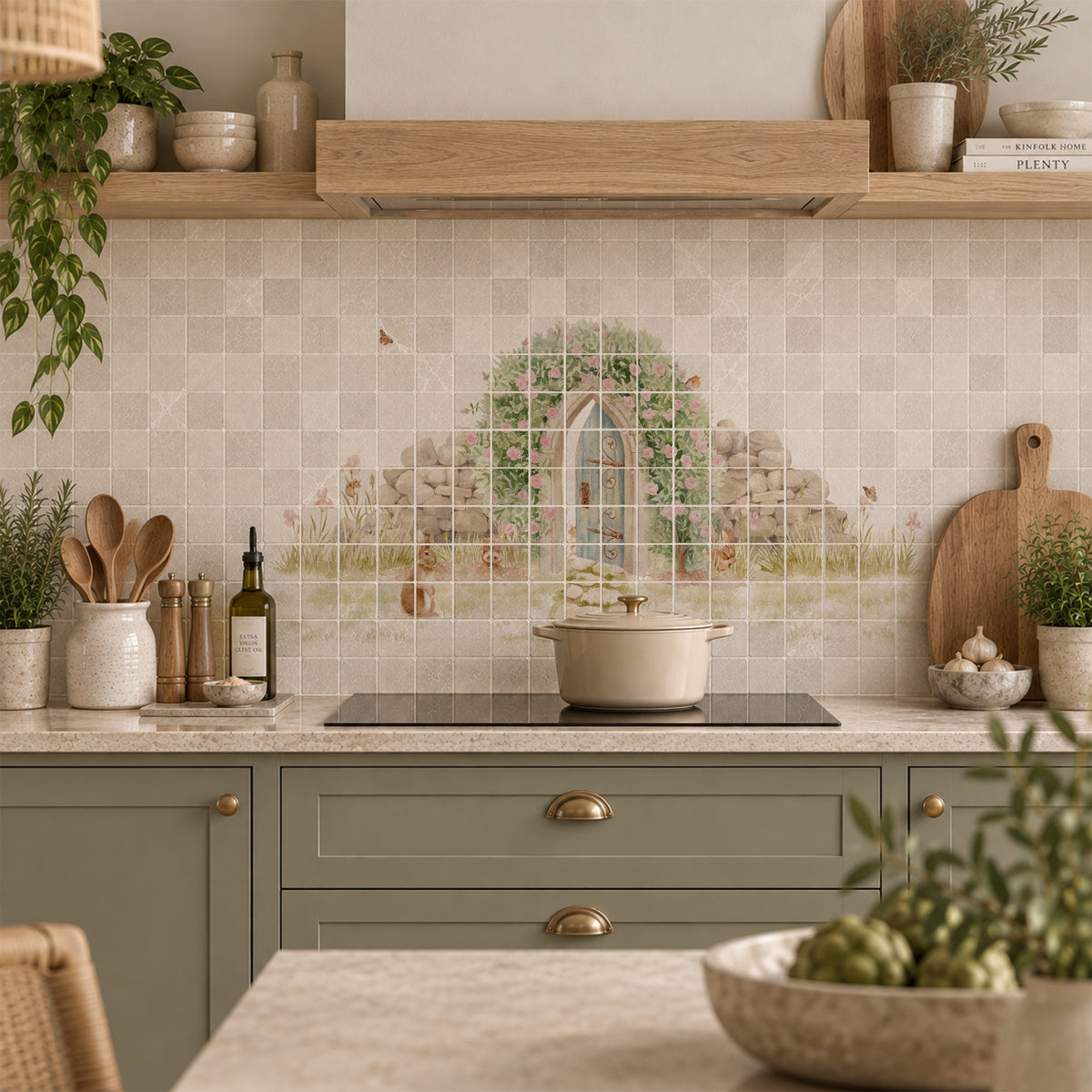 Traditional British countryside scene featured on an elegant decorative marble mural
