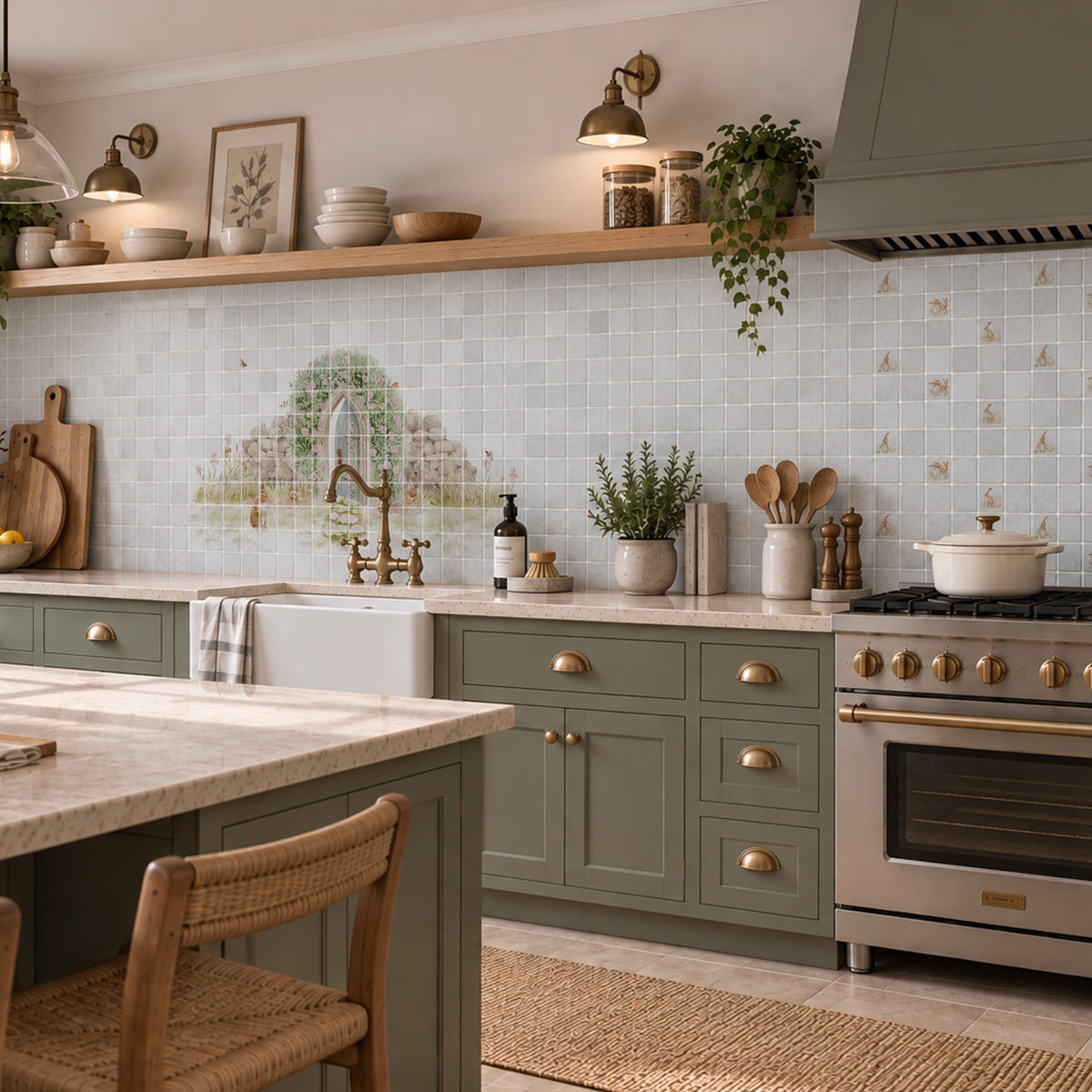 Traditional British countryside scene featured on an elegant decorative marble mural