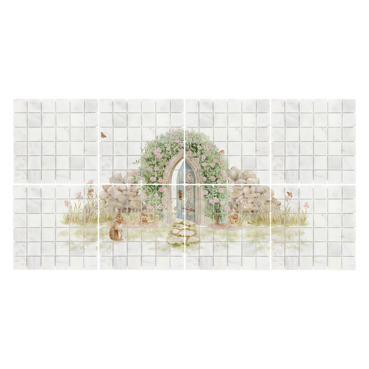Traditional British countryside scene featured on an elegant decorative marble mural
