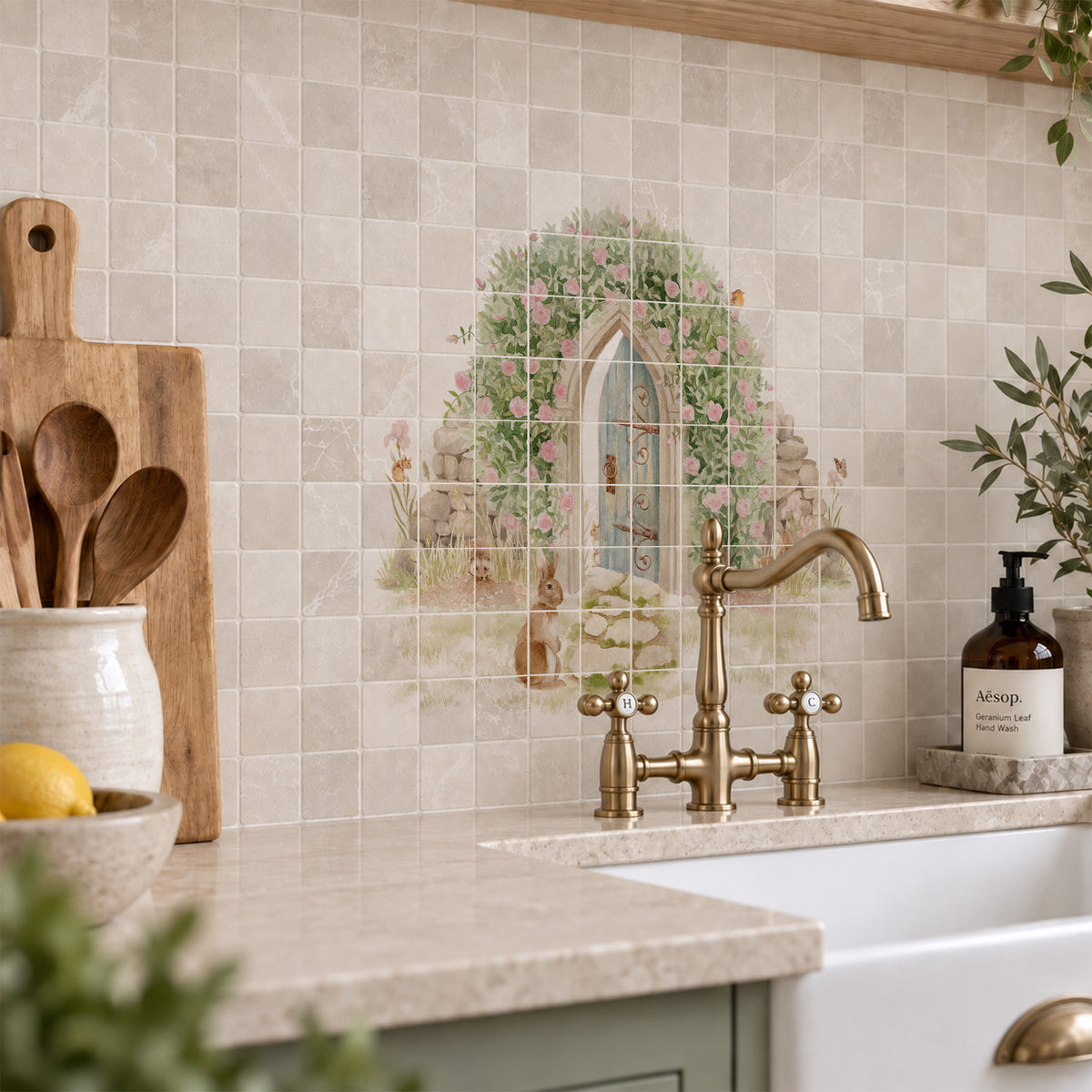 Traditional British countryside scene featured on an elegant decorative marble mural