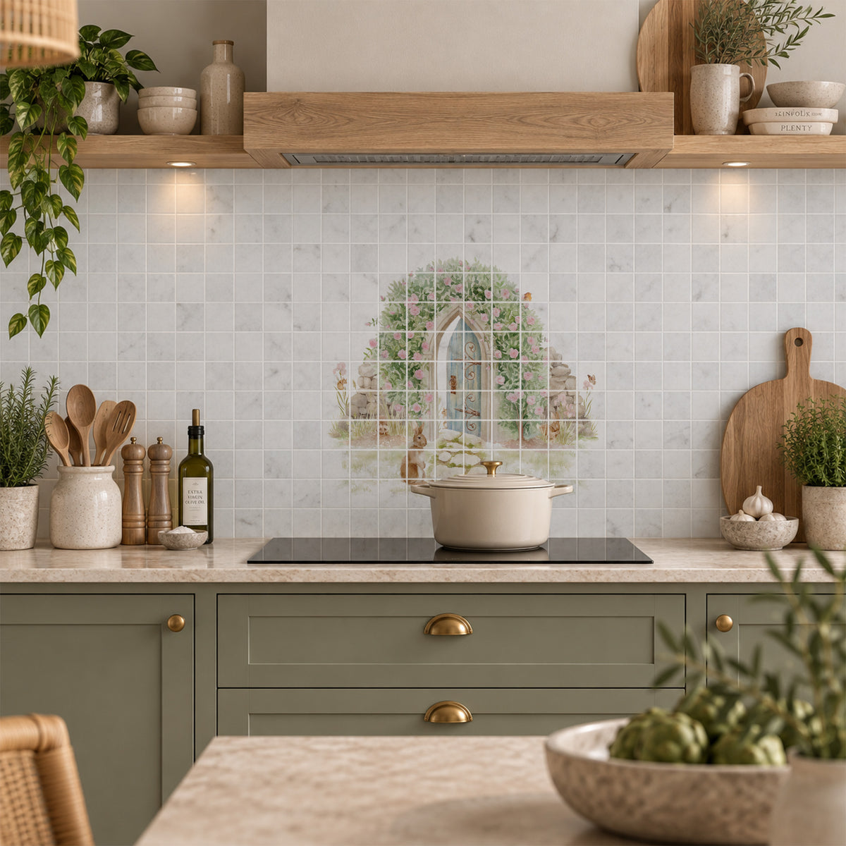Traditional British countryside scene featured on an elegant decorative marble mural