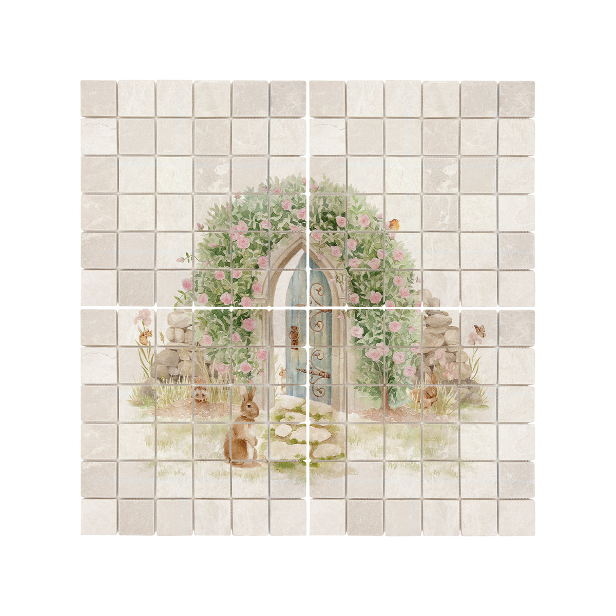 Traditional British countryside scene featured on an elegant decorative marble mural