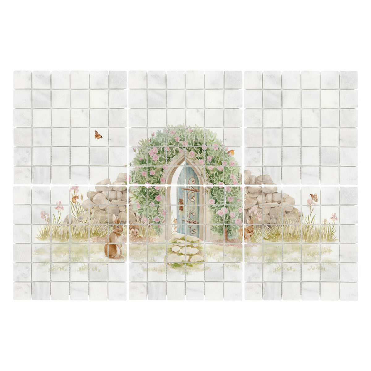 Traditional British countryside scene featured on an elegant decorative marble mural