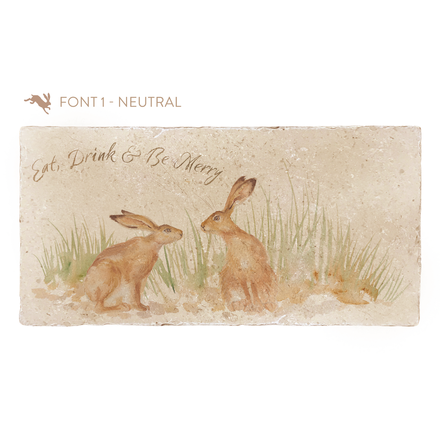 A personalised rectangular marble sharing platter featuring two kissing hares in a watercolour style. The example personalised neutral colour text reads ‘Eat, Drink & Be Merry’ in a brush script font.