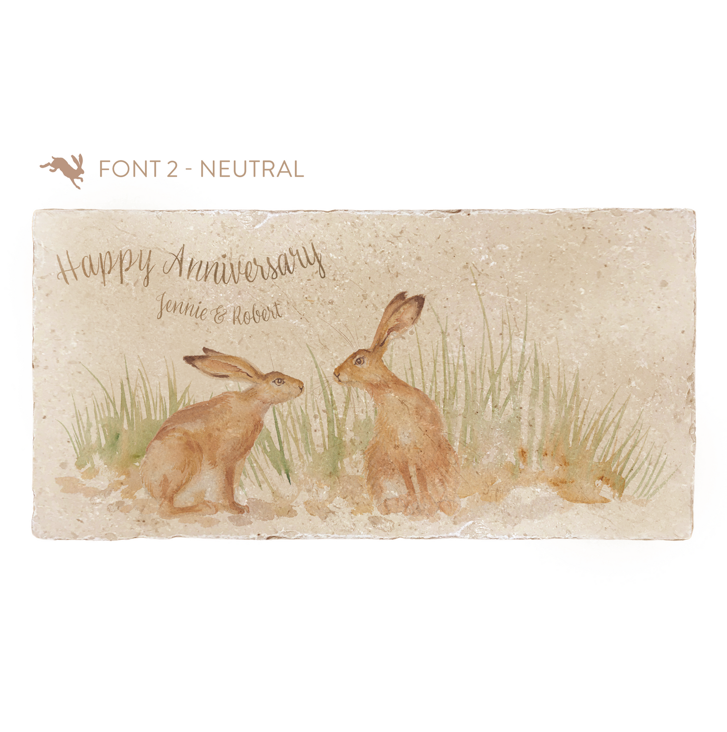 A personalised rectangular marble sharing platter featuring a two kissing hares in a watercolour style. The example personalised neutral colour text reads ‘Happy Anniversary, Jennie & Robert’ in an elegant script font.