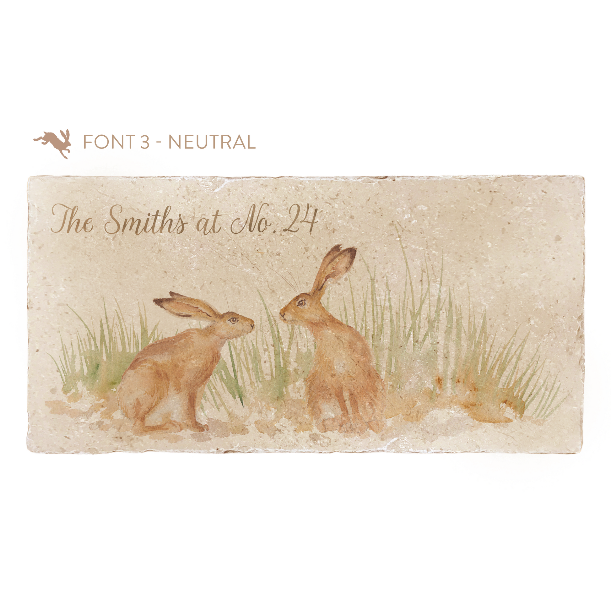 A personalised rectangular marble sharing platter featuring a two kissing hares in a watercolour style. The example personalised neutral colour text reads ‘The Smiths at No. 24’ in a modern script font.