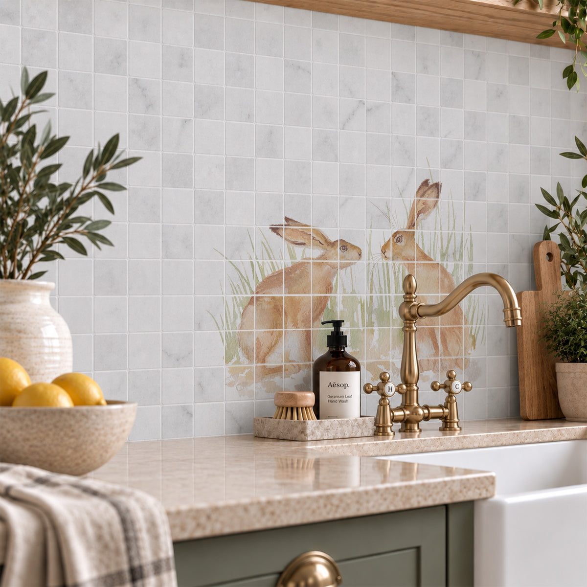 Bespoke Hare statement marble mural bringing the beauty of the British countryside indoors