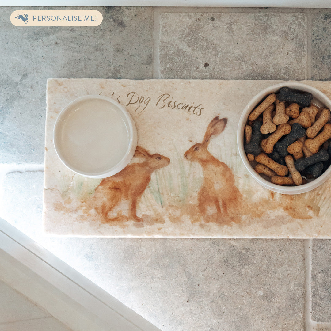 A personalised rectangular marble sharing platter being used as a mat for pet food and water bowls. The personalised text in a neutral colour reads 'Meeka's Dog Biscuits'.