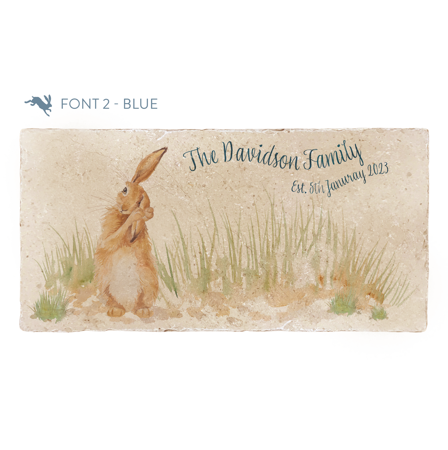 A personalised rectangular marble sharing platter featuring a hare washing his ear in a watercolour style. The example personalised dark blue text reads ‘The Davidson Family, Est. 5th January 2023’ in an elegant script font.