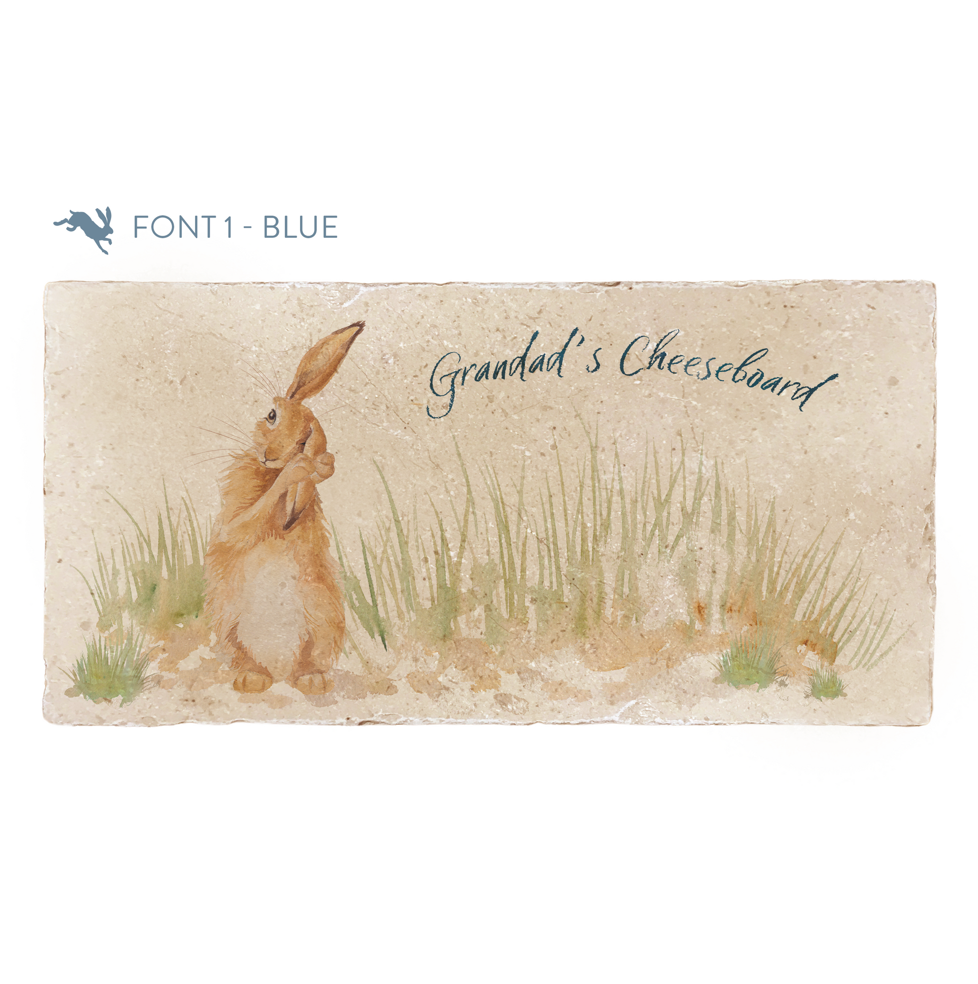 A personalised rectangular marble sharing platter featuring a hare washing his ear in a watercolour style. The example personalised dark blue text reads ‘Grandad’s Cheeseboard’ in a brush script font.