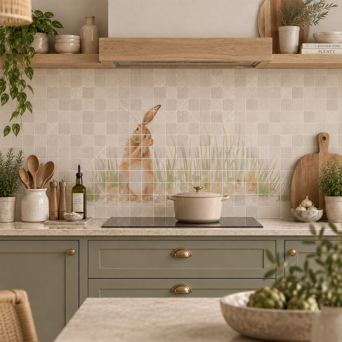 A kitchen backsplash made of beige square tiles with a central printed design of a rabbit in a grassy field. The kitchen features sage green cabinets, a black induction cooktop with a cream Dutch oven, and wooden floating shelves with plants and ceramic decor.
