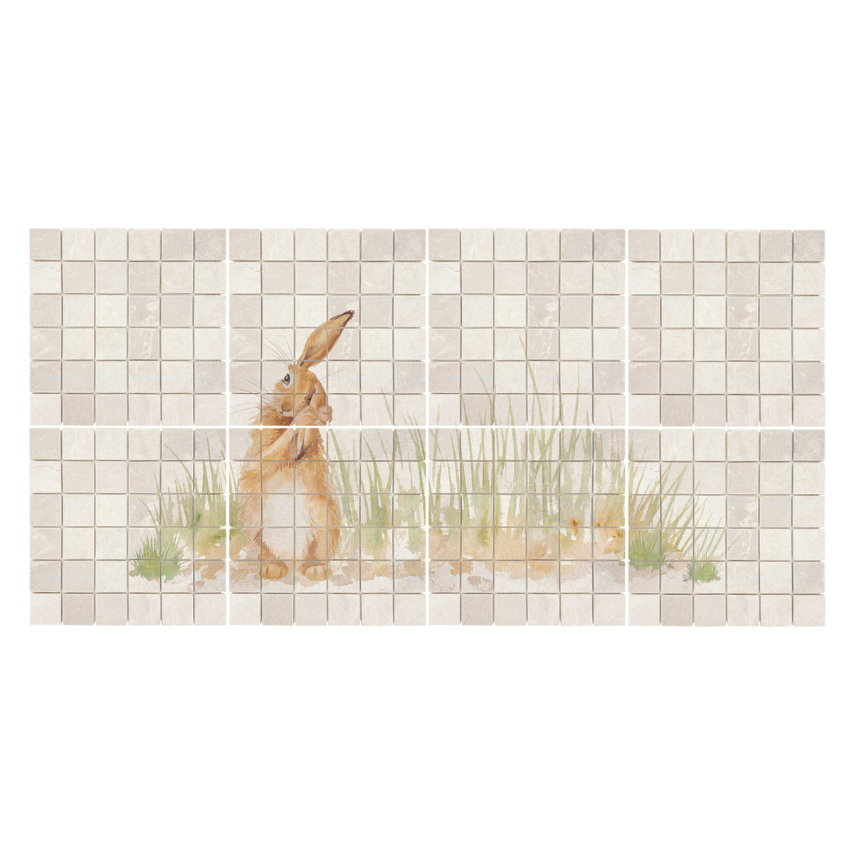 A rectangular wall art print or tile-style panel featuring a light brown rabbit standing among tall green grass on a beige tiled background, shown against a white surround.