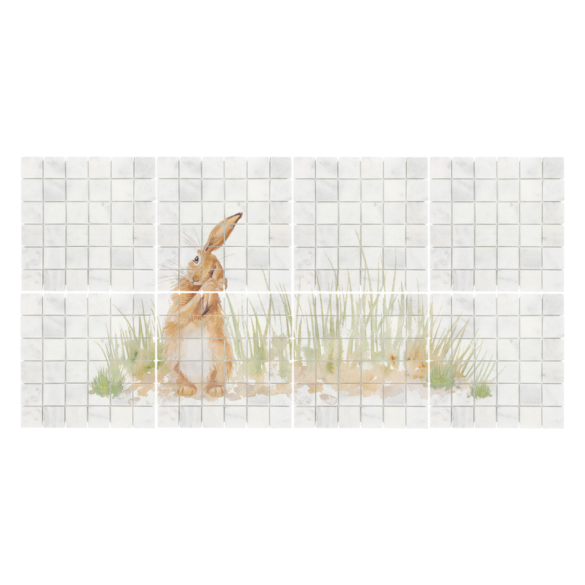 A rectangular wall art print or tile-style panel featuring a light brown rabbit standing among tall green grass in front of a white tiled background, shown against a plain white surround.