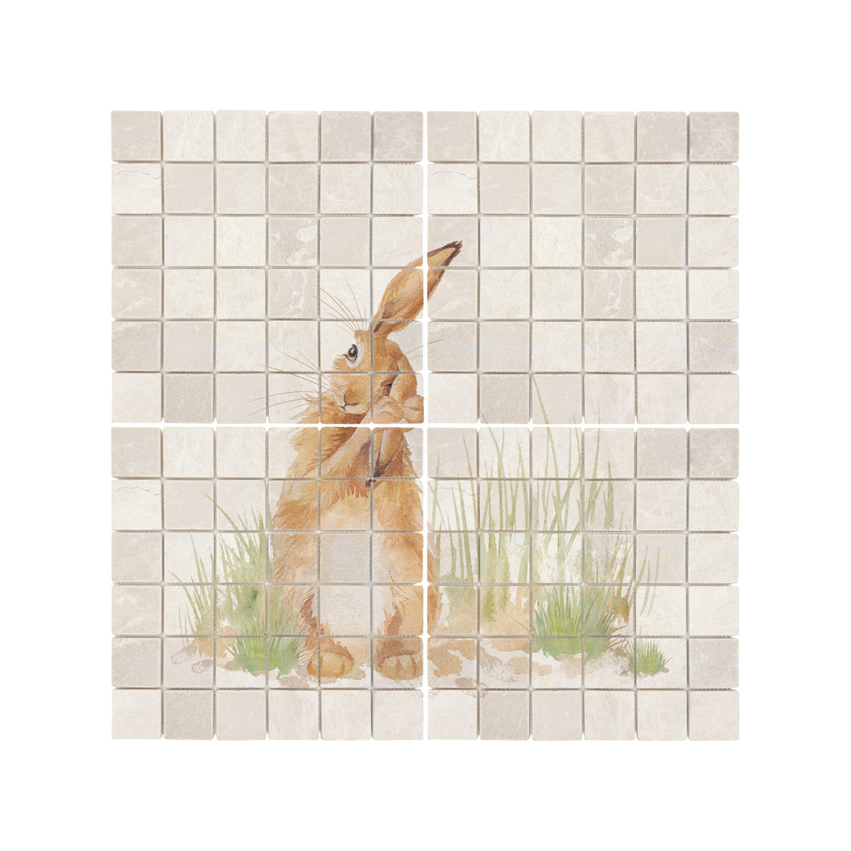 A square mosaic tile design featuring a light beige and white tile pattern with a central illustration of a brown hare standing among green grass.