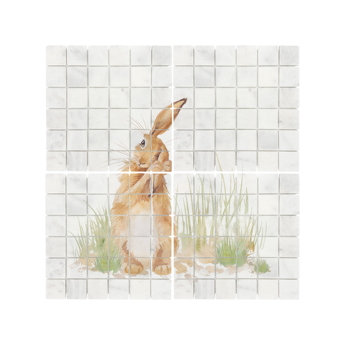 A square mosaic tile design featuring a light brown rabbit standing among green grass on a white marble-tile background, shown as a clean product shot on a white backdrop.