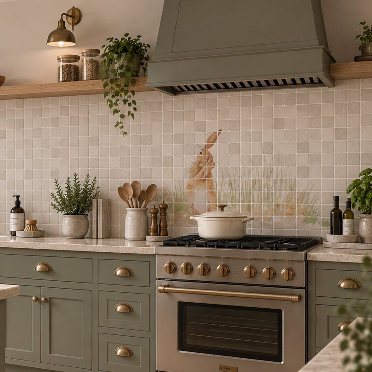 A styled kitchen scene with sage green cabinets, a matching range hood, a gas stove with brass knobs, a beige mosaic tile backsplash, and a decorative rabbit-shaped tile in the center. A white Dutch oven sits on the stove, with plants, jars, and wooden shelves around it.