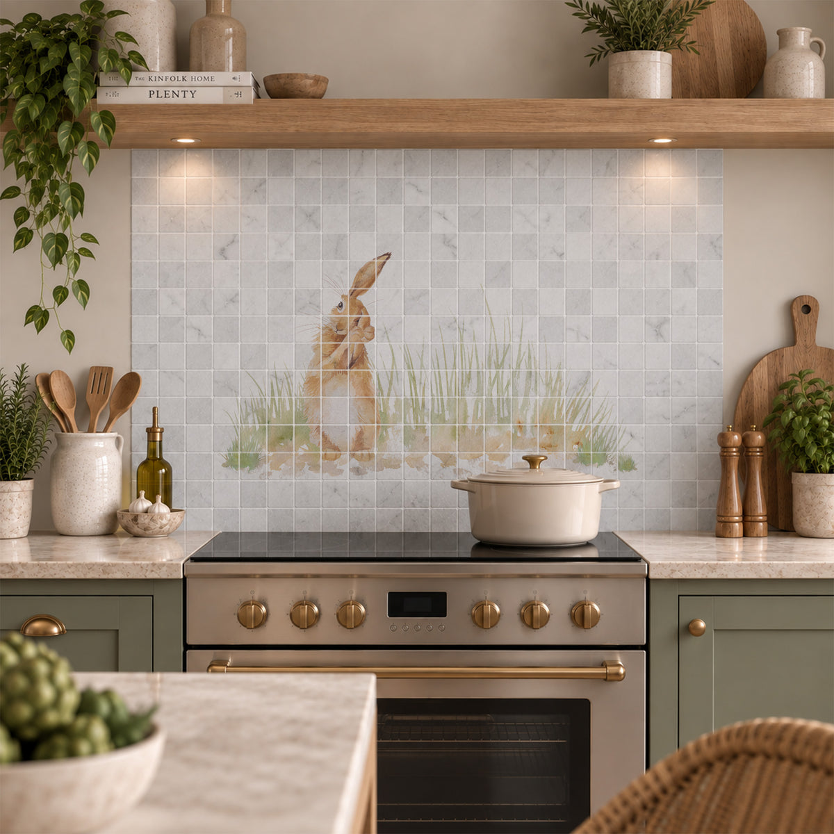 A kitchen backsplash featuring a square mosaic tile pattern with a central printed design of a rabbit in a field of grass. The kitchen has sage green cabinets, a stainless steel stove with gold knobs, a wooden shelf with plants, and a marble countertop.