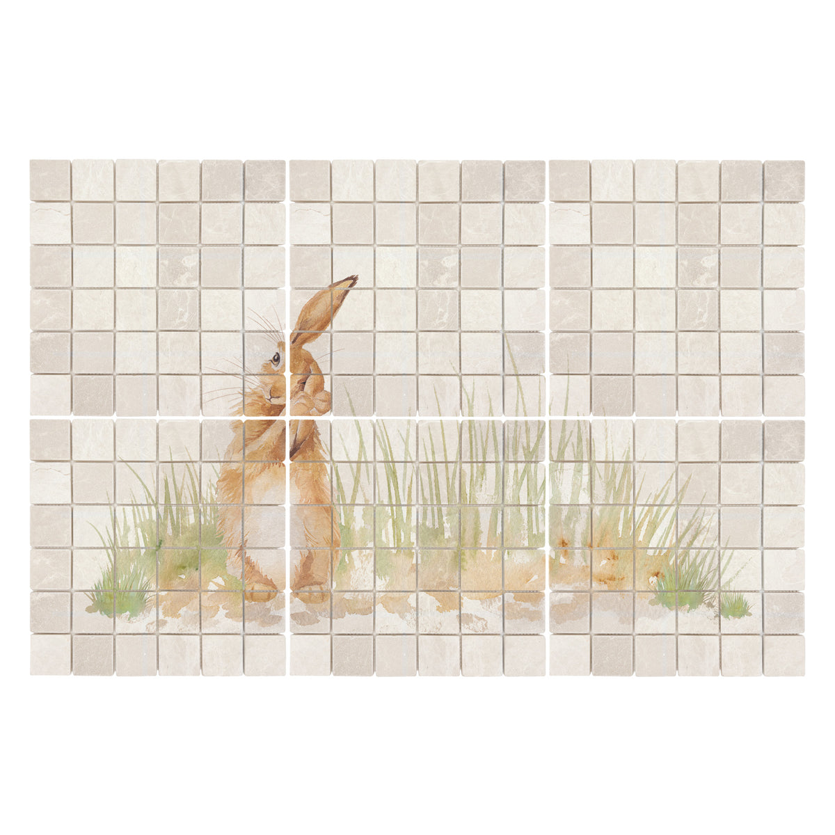 A rectangular mosaic tile wall decal featuring a watercolor-style brown rabbit sitting among green and beige grass, set against a light beige tiled background.