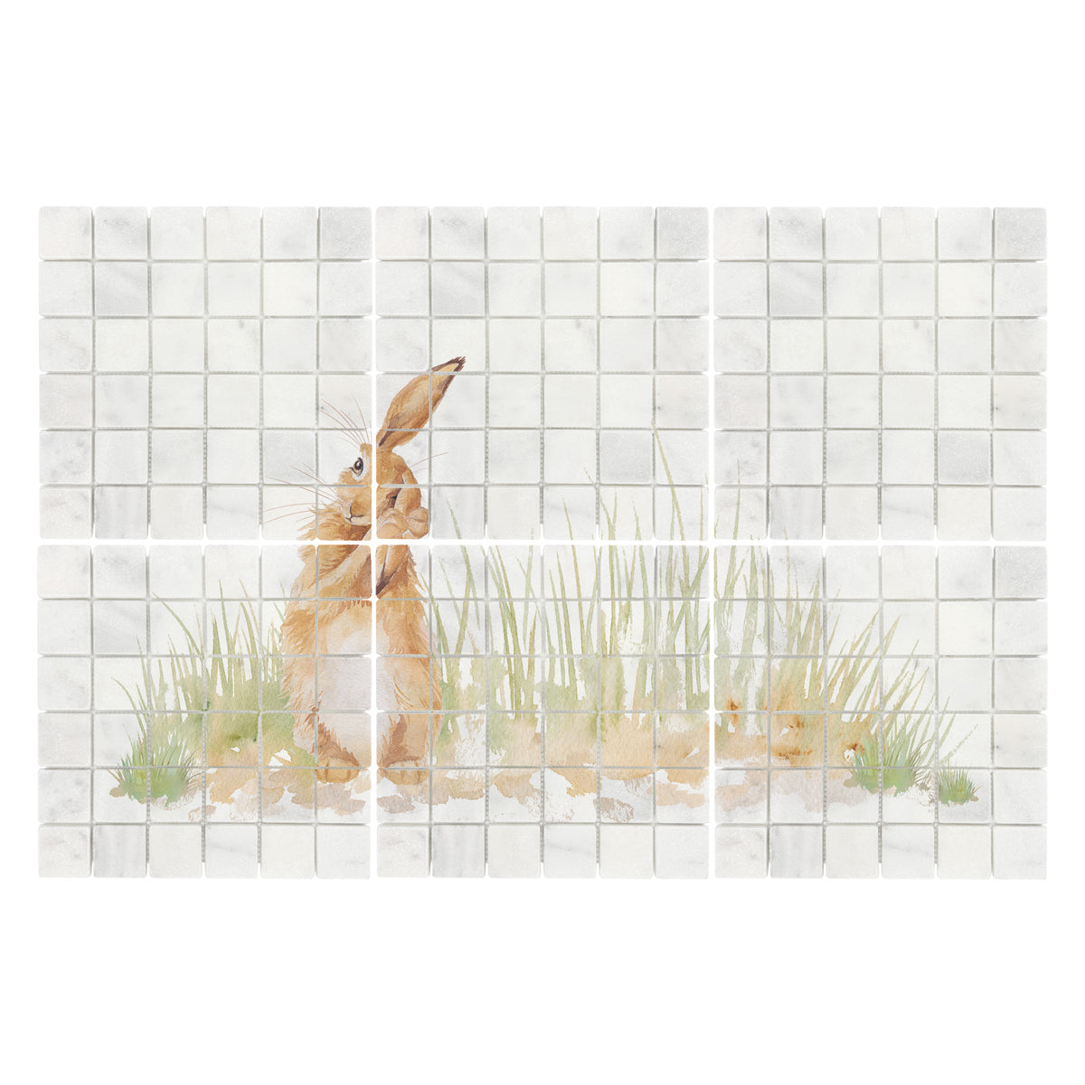 A square wall art print or tile-style artwork featuring a brown rabbit sitting in pale green grass against a light gray tiled background, shown on a white page-like backdrop.