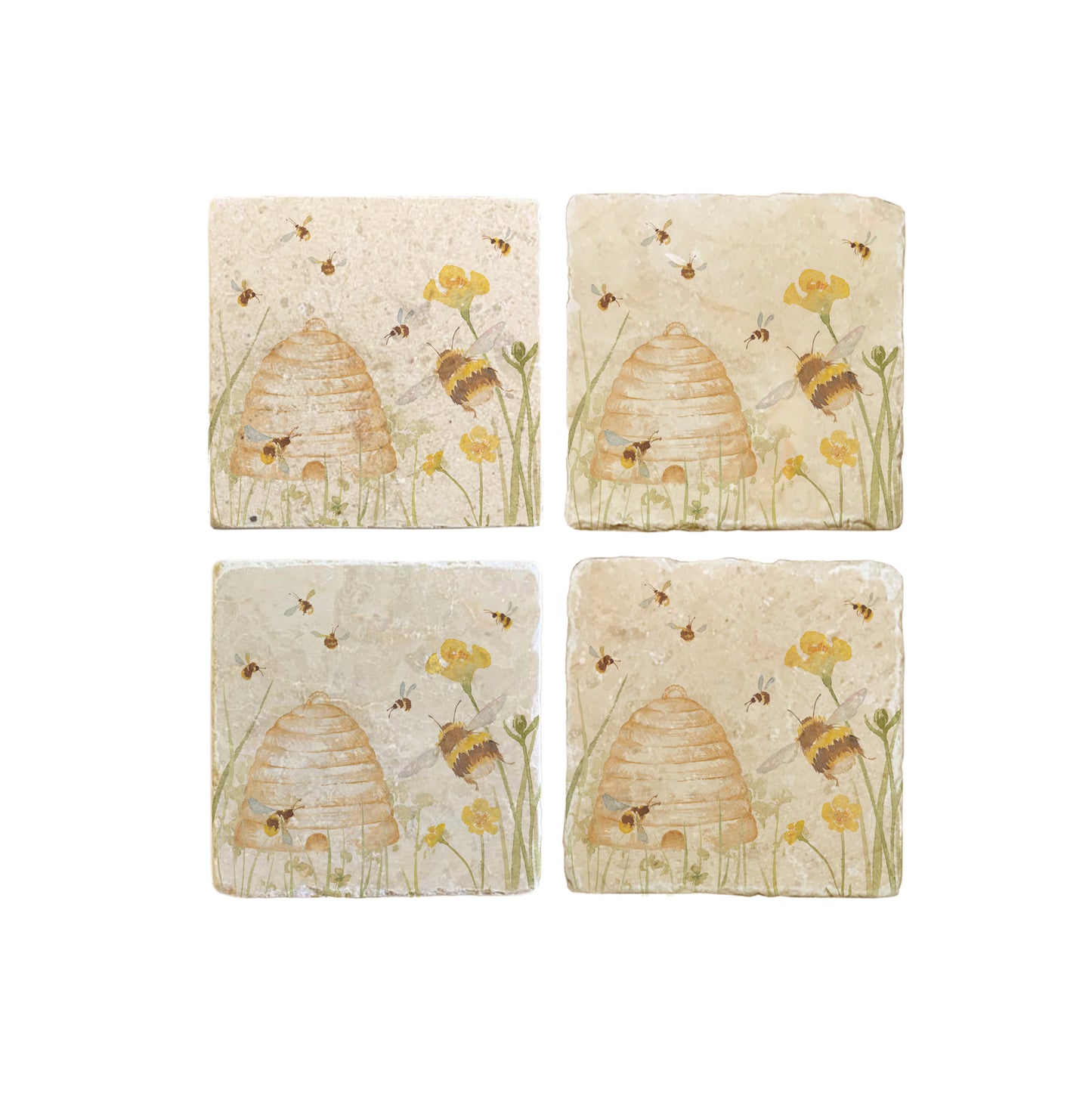 A set of 4 square marble coasters, featuring a watercolour design of bees and a beehive in a buttercup meadow.