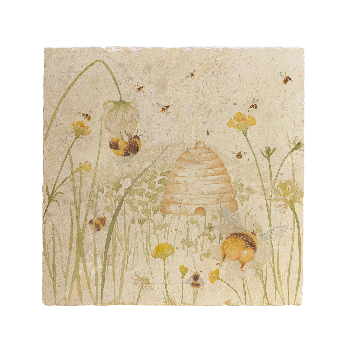 A handmade square cream marble splashback tile featuring a watercolour design showing a buttercup meadow full of bumblebees and honey bees around their beehive.