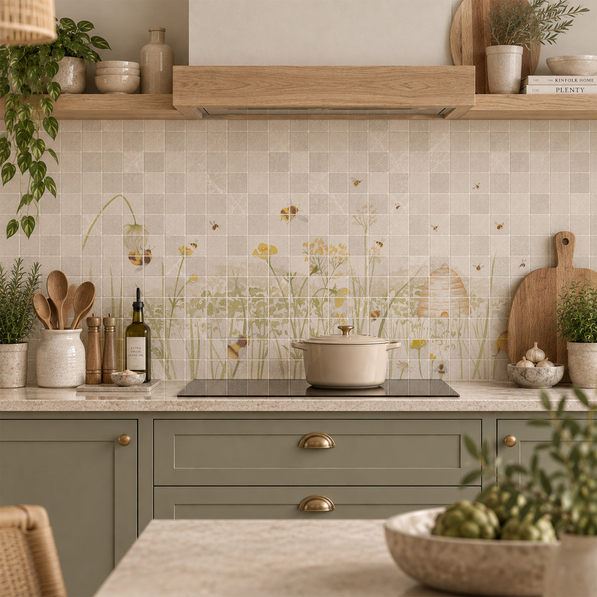 Mosaic tiles featuring a delicate watercolour-style illustration of wildflowers, bees, and a beehive on a white and light grey tile grid background.