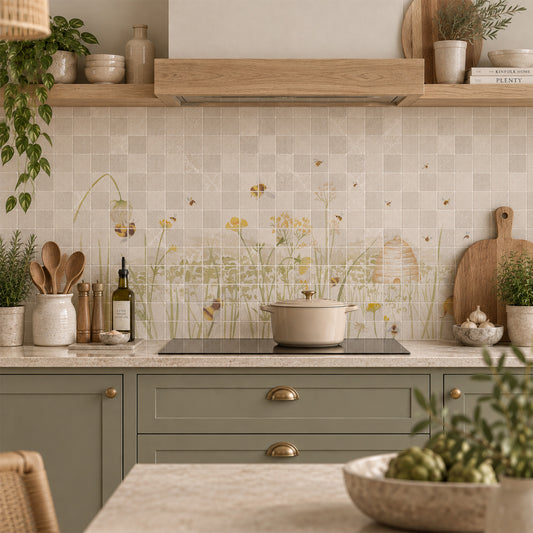 Mosaic tiles featuring a delicate watercolour-style illustration of wildflowers, bees, and a beehive on a white and light grey tile grid background.