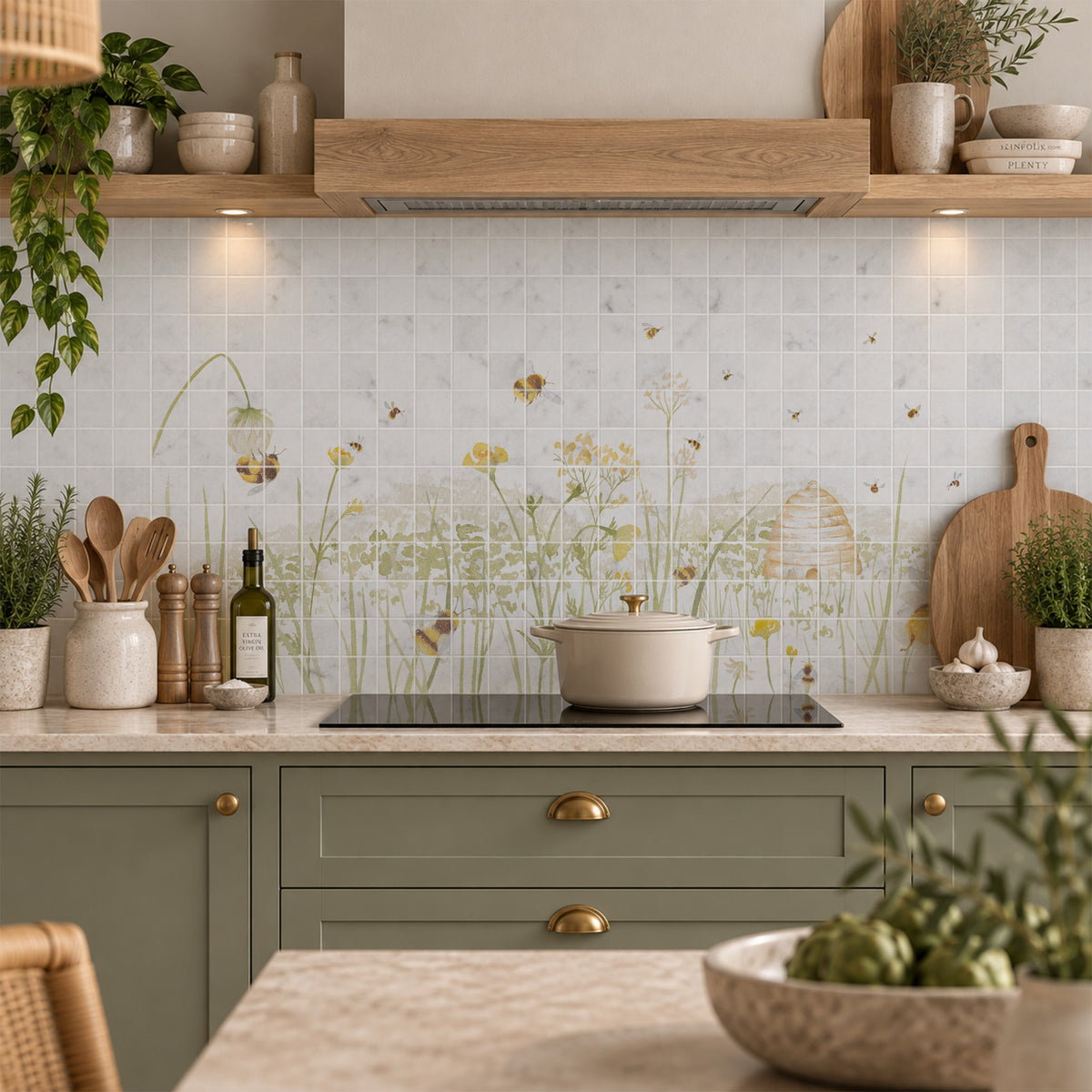 Mosaic tiles featuring a delicate watercolour-style illustration of wildflowers, bees, and a beehive on a white and light grey tile grid background.