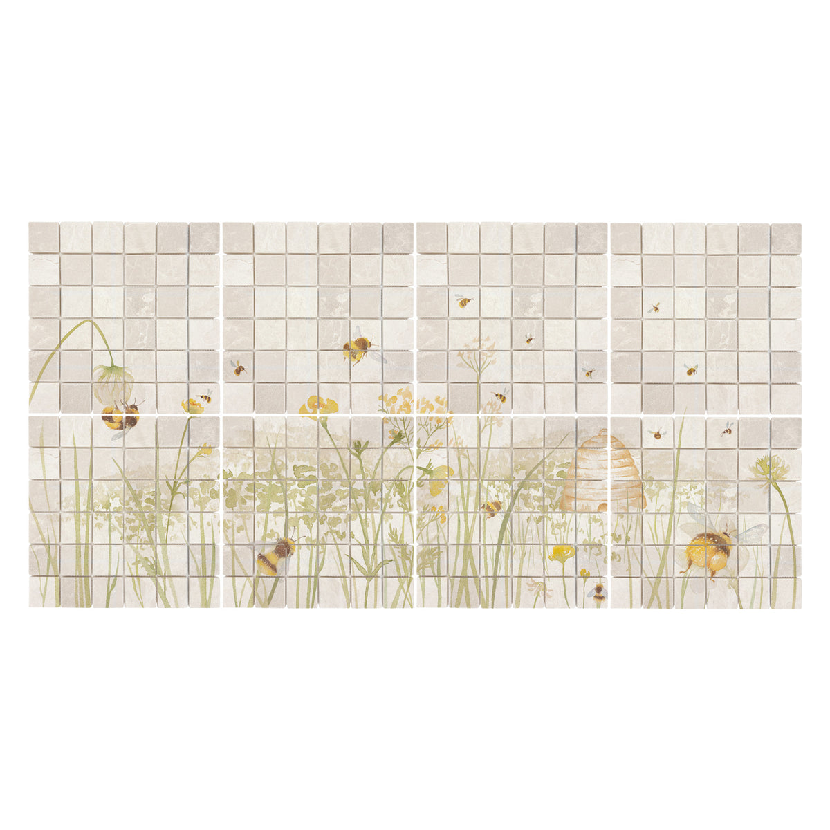 Mosaic tiles featuring a delicate watercolour-style illustration of wildflowers, bees, and a beehive on a white and light grey tile grid background.