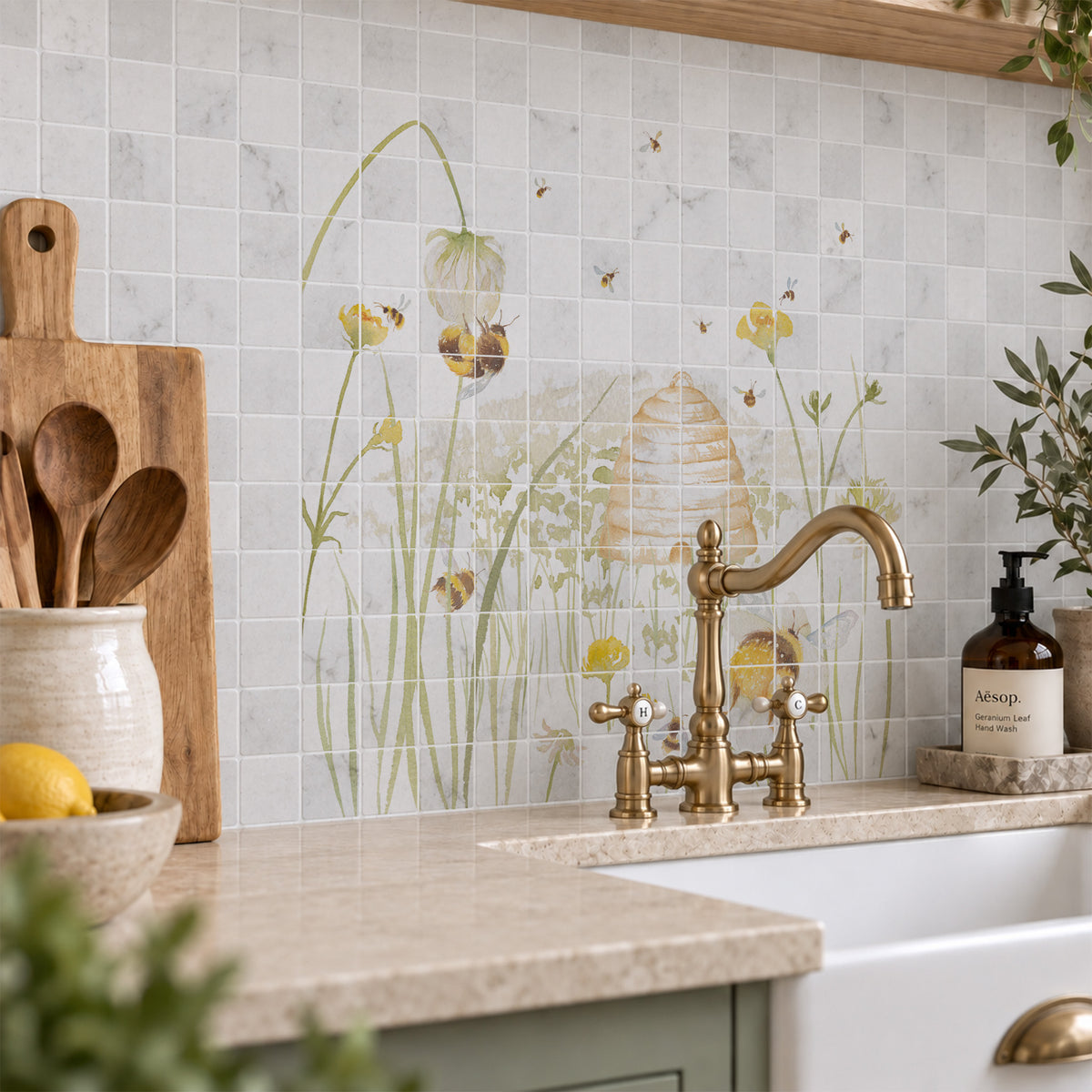 Luxury decorative tiles featuring a serene British countryside landscape