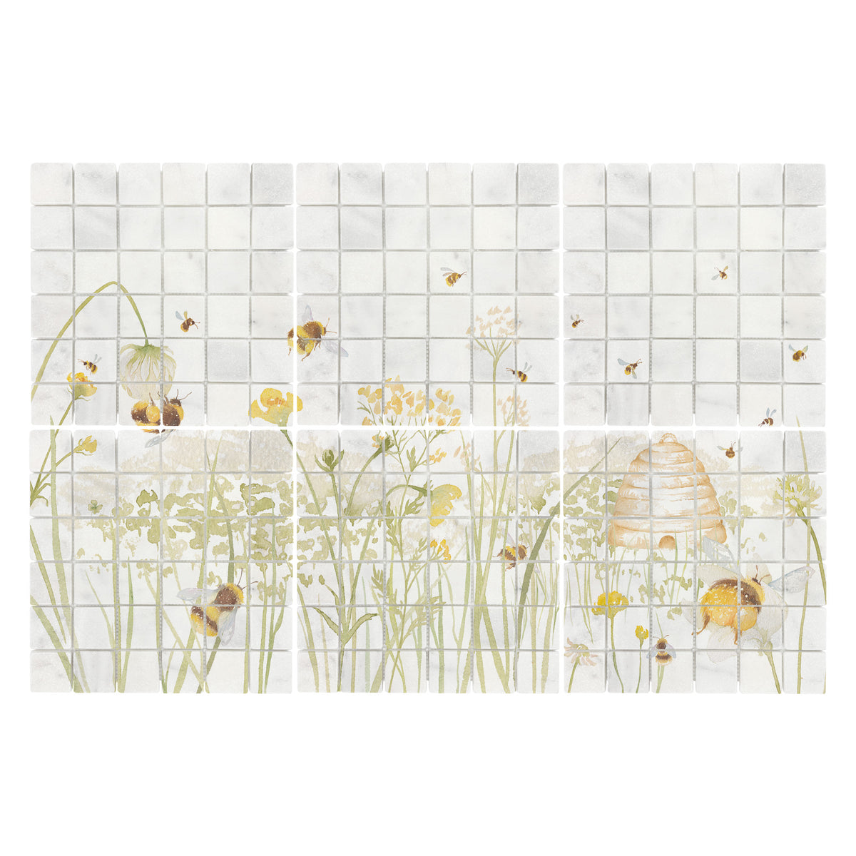 A six-panel mosaic tile wall mural featuring a delicate watercolour-style illustration of wildflowers, bees, and a beehive on a white and light grey tile grid background.