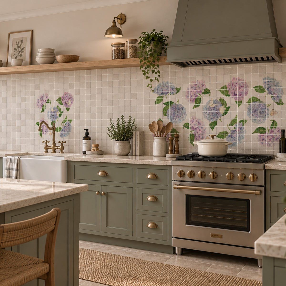Hand-finished kitchen watercolour wall mural inspired by quintessential English countryside