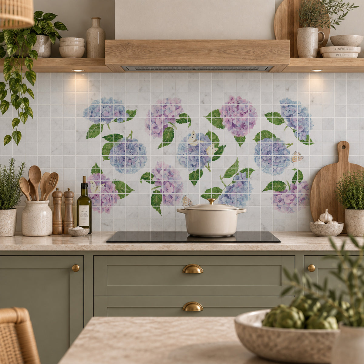 Hand-finished kitchen watercolour wall mural inspired by quintessential English countryside