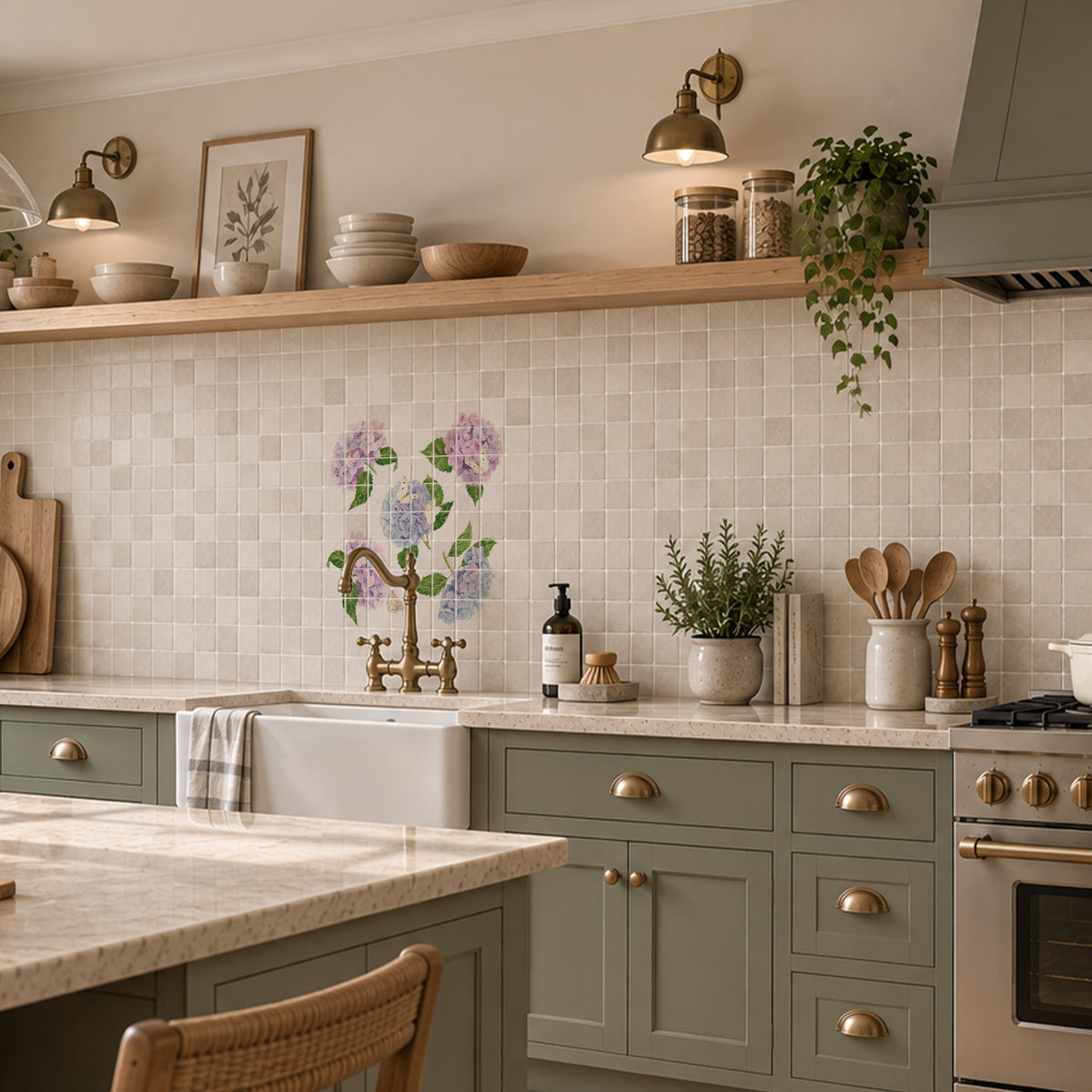 Hand-finished kitchen watercolour wall mural inspired by quintessential English countryside