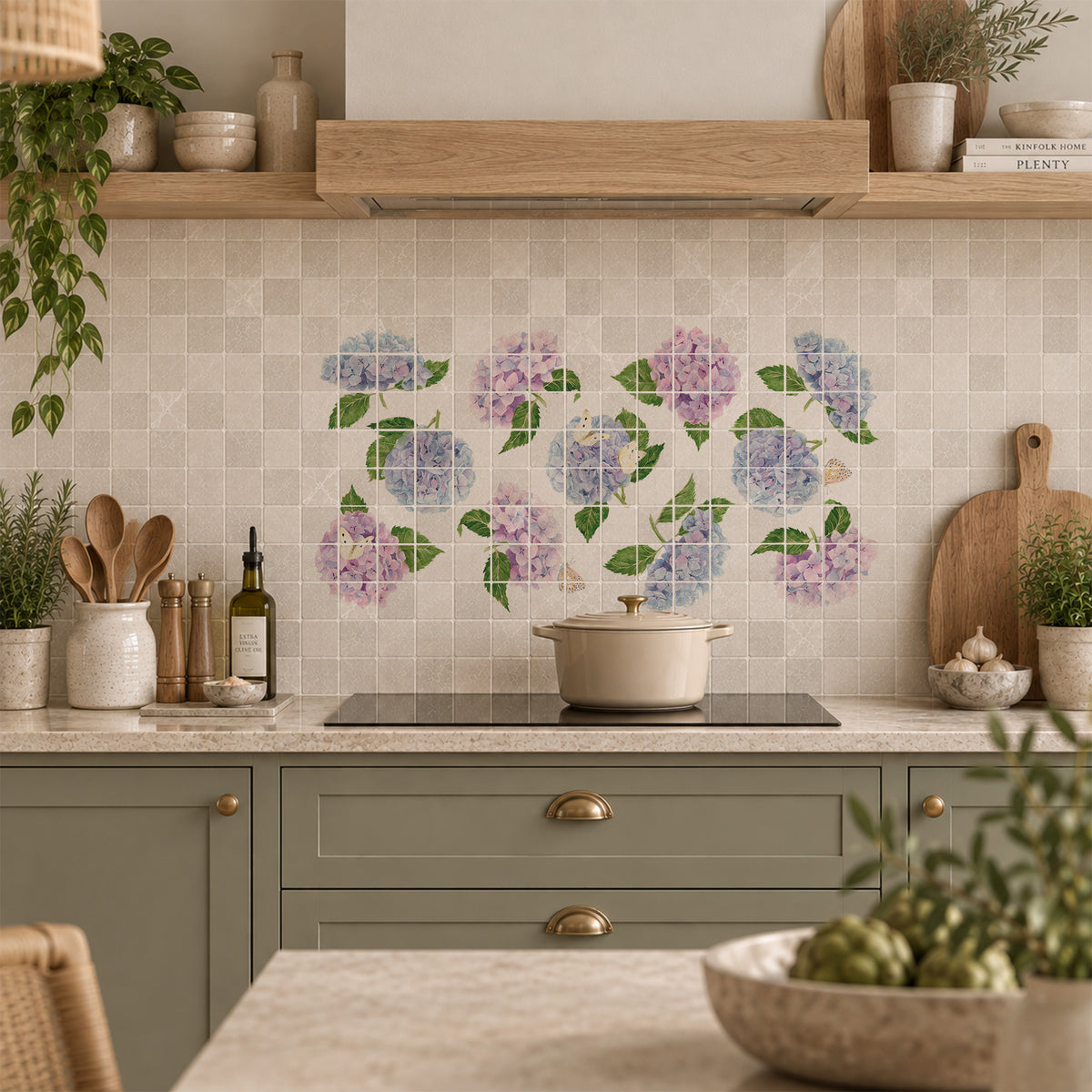 Hand-finished kitchen watercolour wall mural inspired by quintessential English countryside
