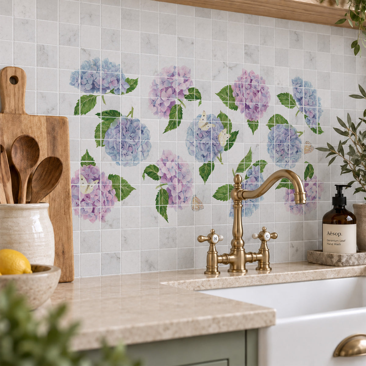 Hand-finished kitchen watercolour wall mural inspired by quintessential English countryside