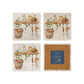 A set of four marble coasters featuring a  watercolour design of mice in a garden shed among the flowerpots and tools. One coaster is flipped to show that it is backed with cork to protect worksurfaces.